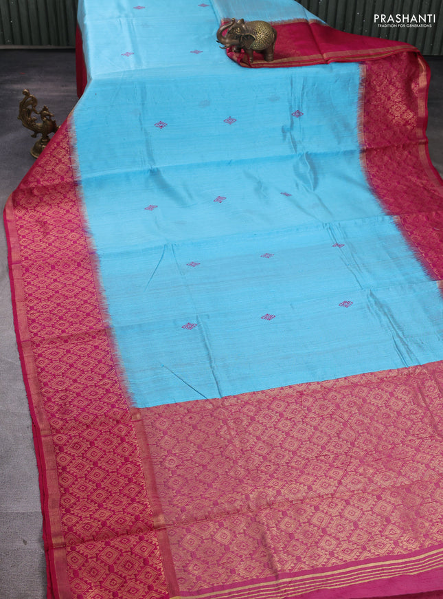 Pure dupion silk saree light blue and pink with thread woven buttas and long zari woven border