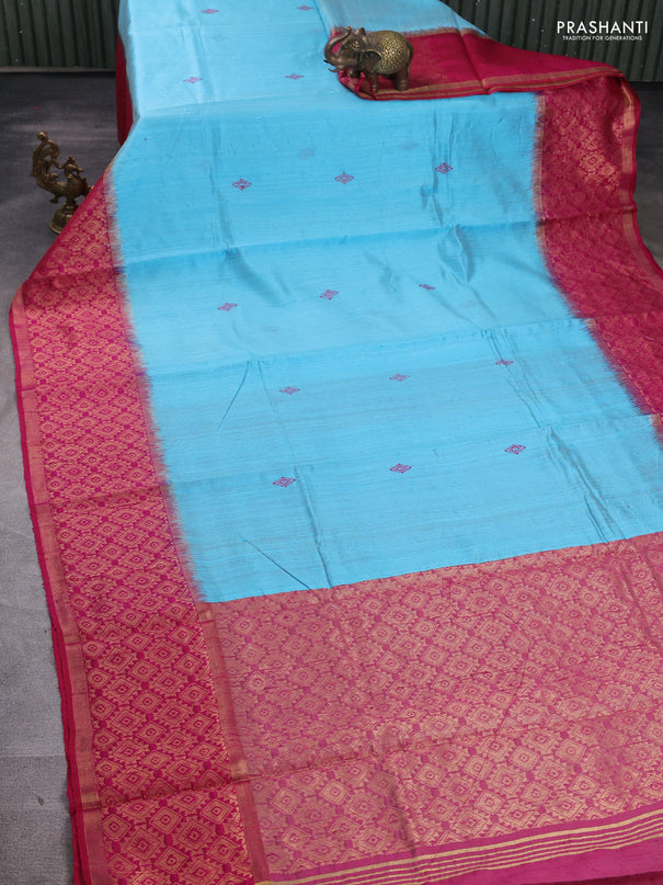 Pure dupion silk saree light blue and pink with thread woven buttas and long zari woven border