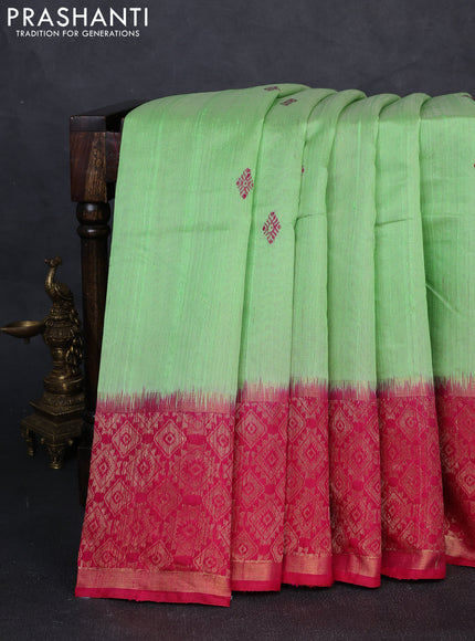 Pure dupion silk saree light green and pink with thread woven buttas and long zari woven border