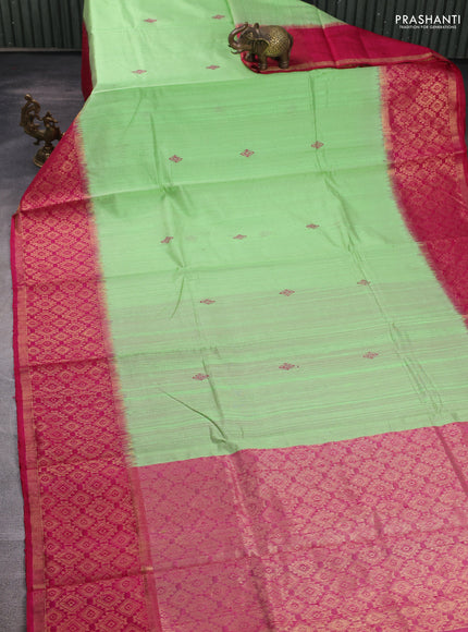 Pure dupion silk saree light green and pink with thread woven buttas and long zari woven border
