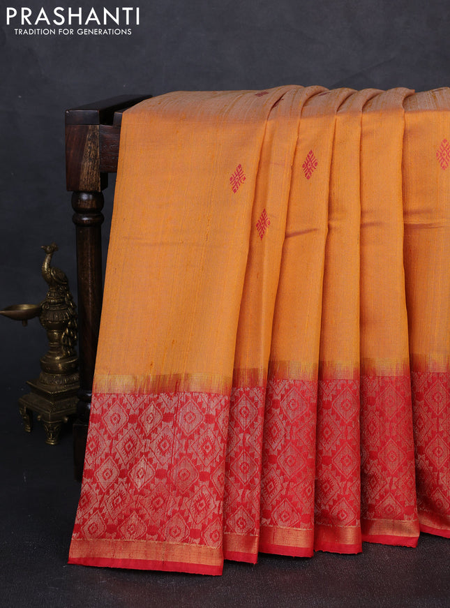 Pure dupion silk saree mustard yellow and red with thread woven buttas and long zari woven border