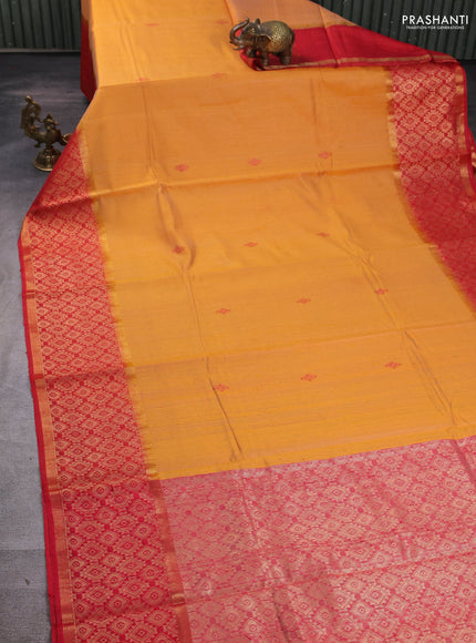 Pure dupion silk saree mustard yellow and red with thread woven buttas and long zari woven border