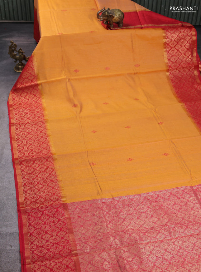 Pure dupion silk saree mustard yellow and red with thread woven buttas and long zari woven border