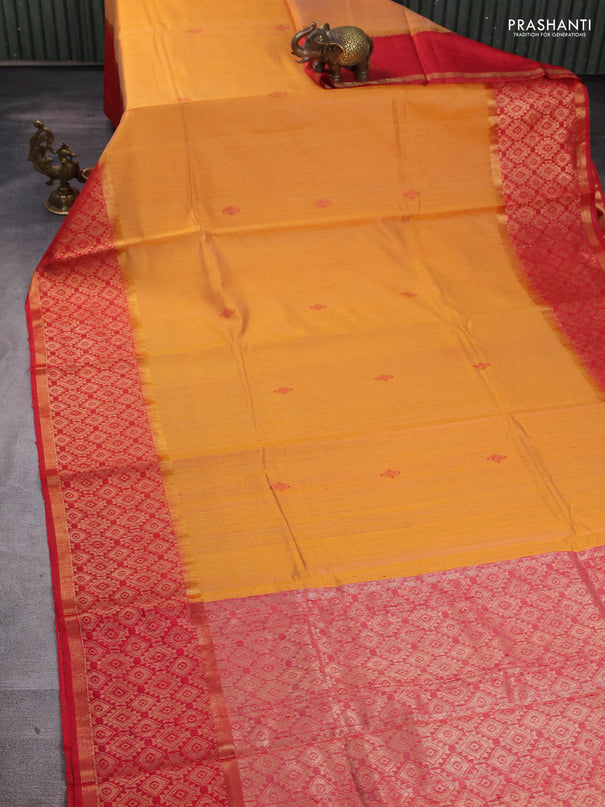 Pure dupion silk saree mustard yellow and red with thread woven buttas and long zari woven border