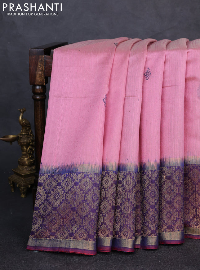 Pure dupion silk saree light pink and purple shade with thread woven buttas and long zari woven border