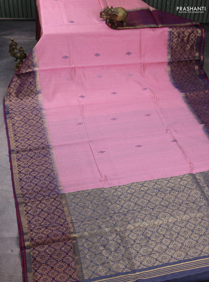 Pure dupion silk saree light pink and purple shade with thread woven buttas and long zari woven border