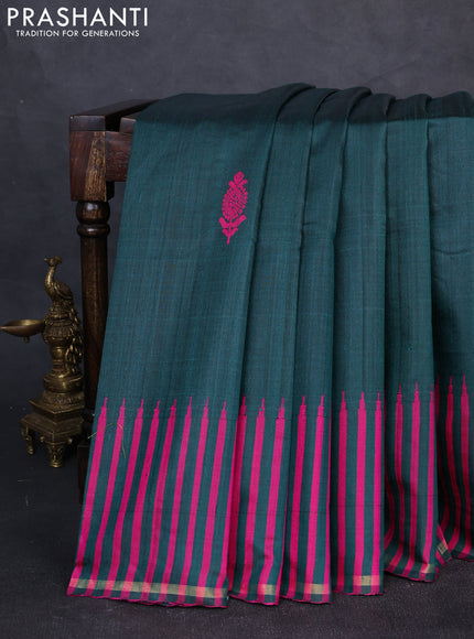 Pure dupion silk saree peacock green and pink with thread & zari woven buttas and temple design border