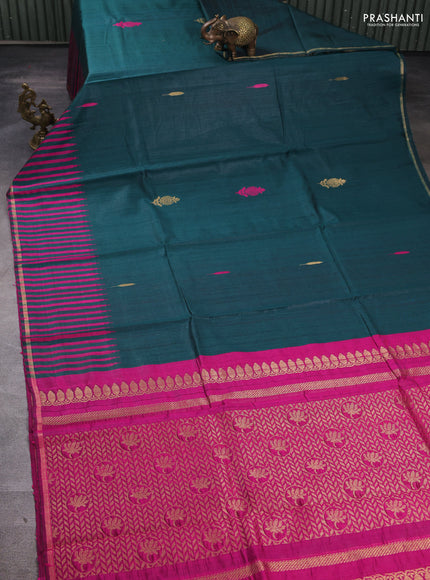 Pure dupion silk saree peacock green and pink with thread & zari woven buttas and temple design border