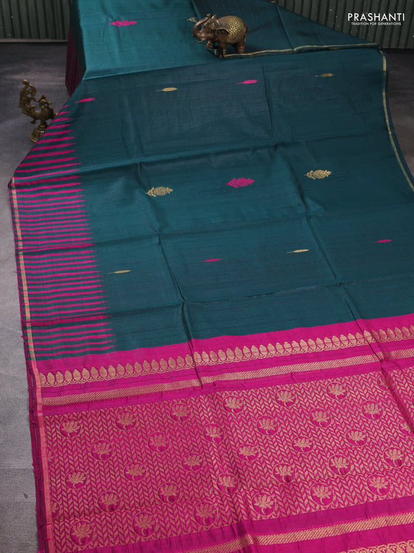 Pure dupion silk saree peacock green and pink with thread & zari woven buttas and temple design border