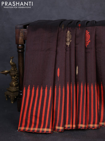 Pure dupion silk saree coffee brown and orange with thread & zari woven buttas and temple design border