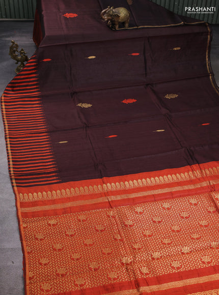 Pure dupion silk saree coffee brown and orange with thread & zari woven buttas and temple design border
