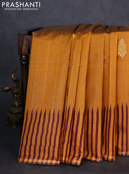 Pure dupion silk saree mustard yellor and deep maroon with thread & zari woven buttas and temple design border