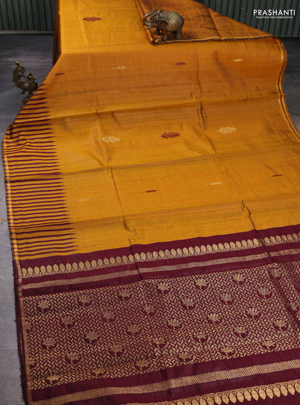 Pure dupion silk saree mustard yellor and deep maroon with thread & zari woven buttas and temple design border