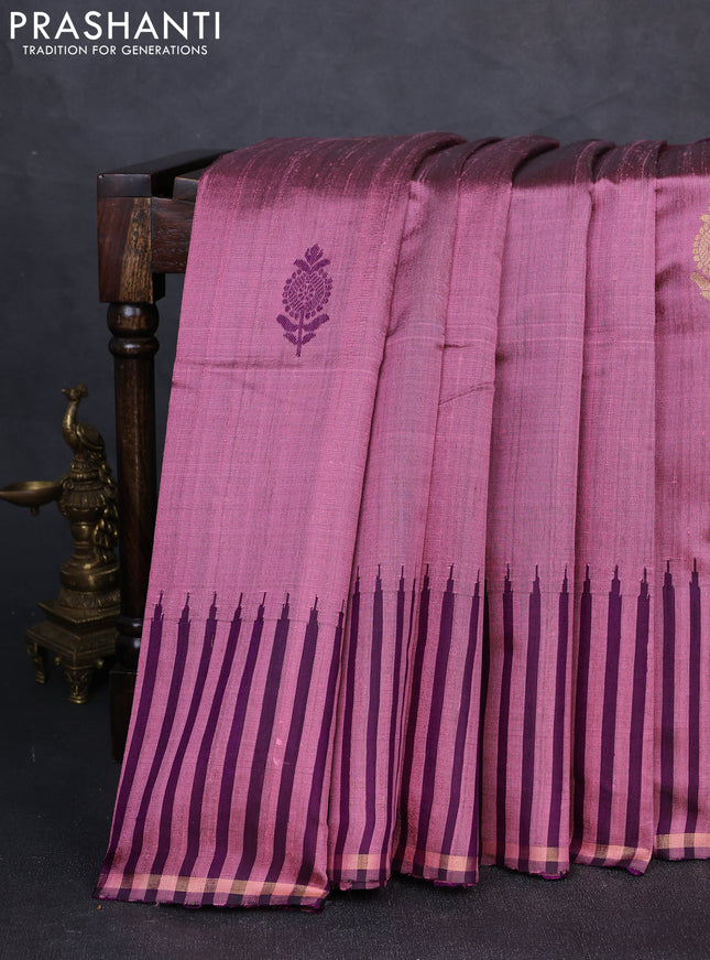 Pure dupion silk saree mauve pink and purple with thread & zari woven buttas and temple design border