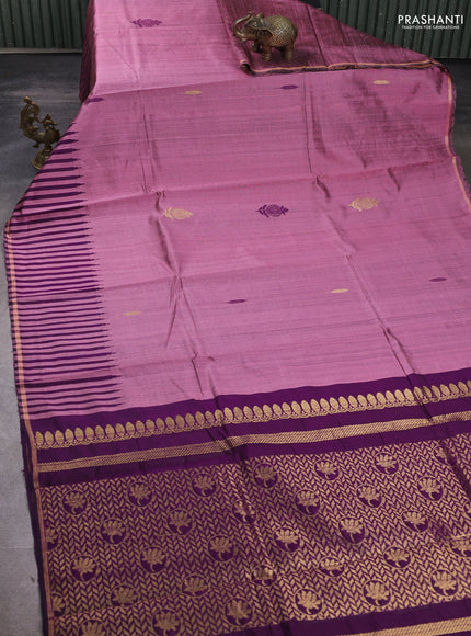 Pure dupion silk saree mauve pink and purple with thread & zari woven buttas and temple design border