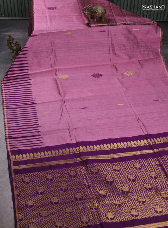 Pure dupion silk saree mauve pink and purple with thread & zari woven buttas and temple design border