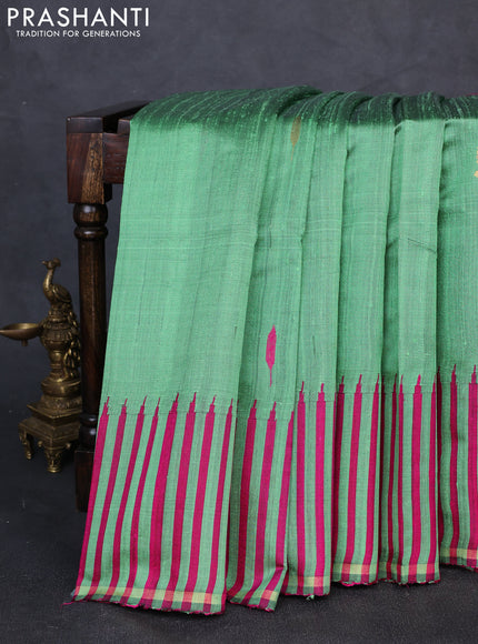 Pure dupion silk saree green and pink with thread & zari woven buttas and temple design border