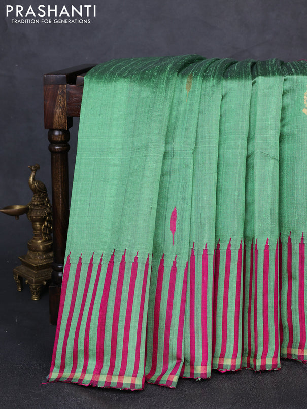 Pure dupion silk saree green and pink with thread & zari woven buttas and temple design border