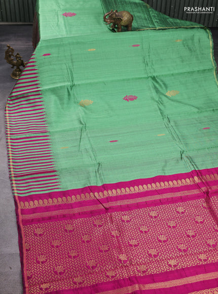 Pure dupion silk saree green and pink with thread & zari woven buttas and temple design border