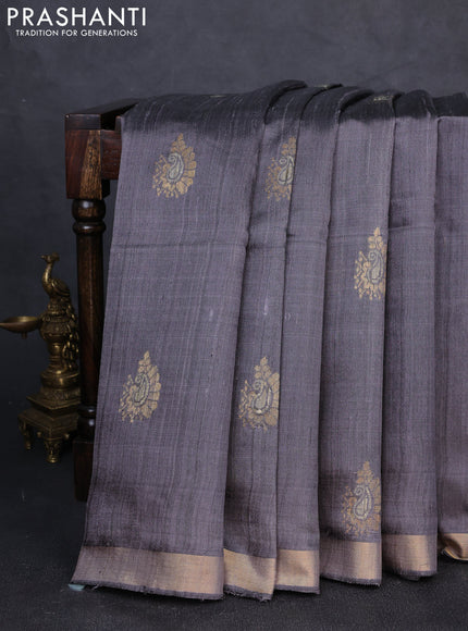 Pure dupion silk saree grey with thread & zari woven paisley buttas and zari woven border