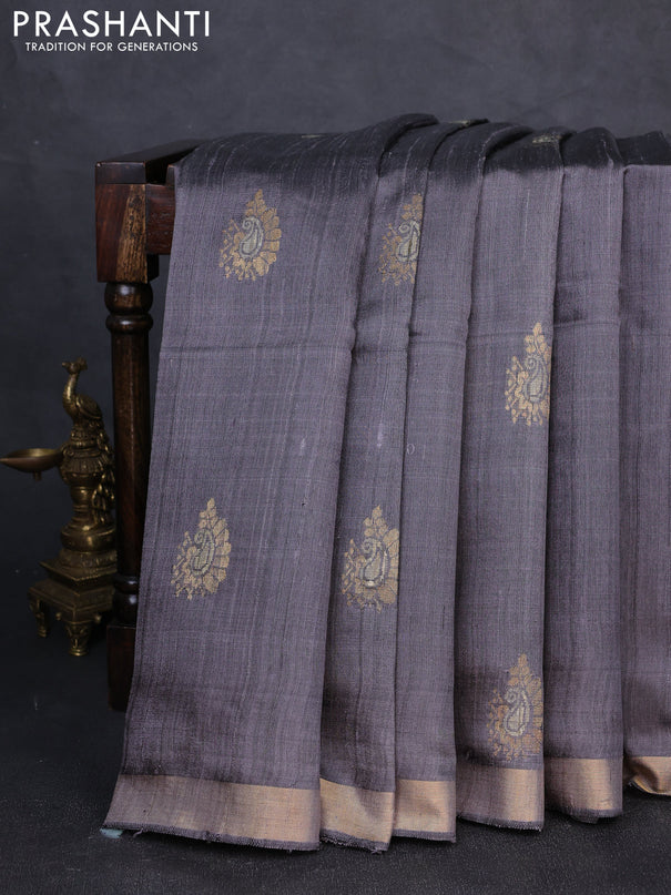 Pure dupion silk saree grey with thread & zari woven paisley buttas and zari woven border