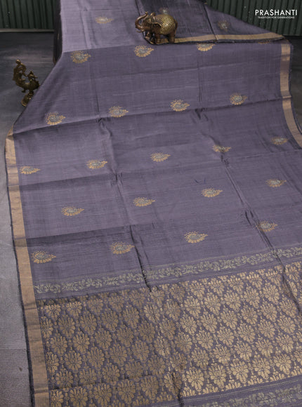 Pure dupion silk saree grey with thread & zari woven paisley buttas and zari woven border