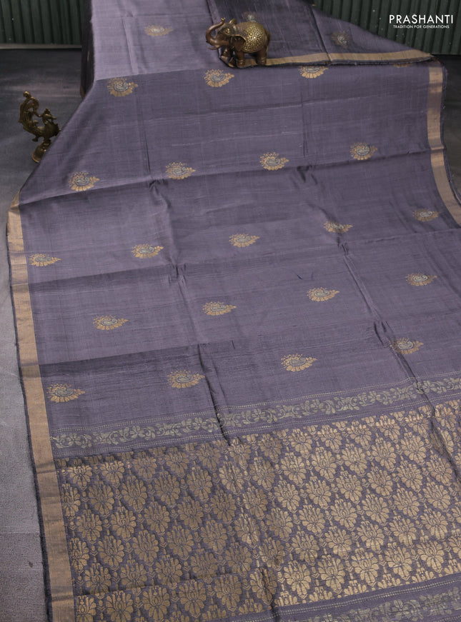 Pure dupion silk saree grey with thread & zari woven paisley buttas and zari woven border