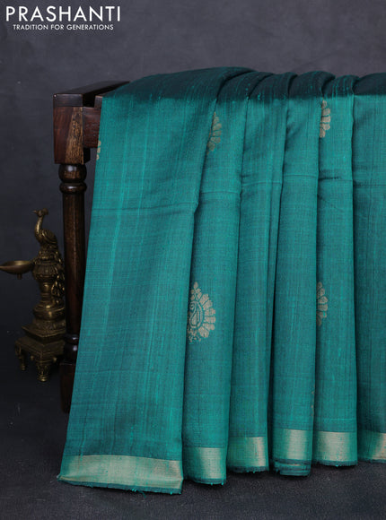 Pure dupion silk saree teal blue with thread & zari woven paisley buttas and zari woven border