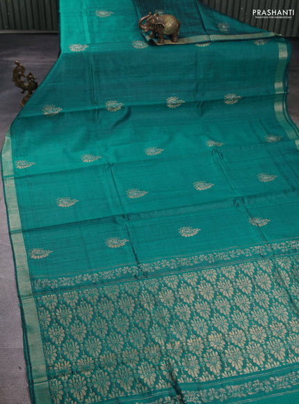 Pure dupion silk saree teal blue with thread & zari woven paisley buttas and zari woven border