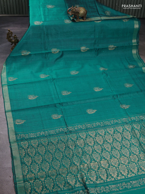 Pure dupion silk saree teal blue with thread & zari woven paisley buttas and zari woven border