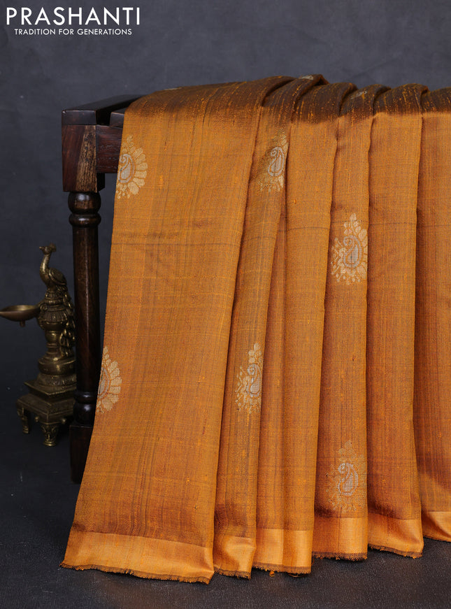 Pure dupion silk saree mustard yellow with thread & zari woven paisley buttas and zari woven border