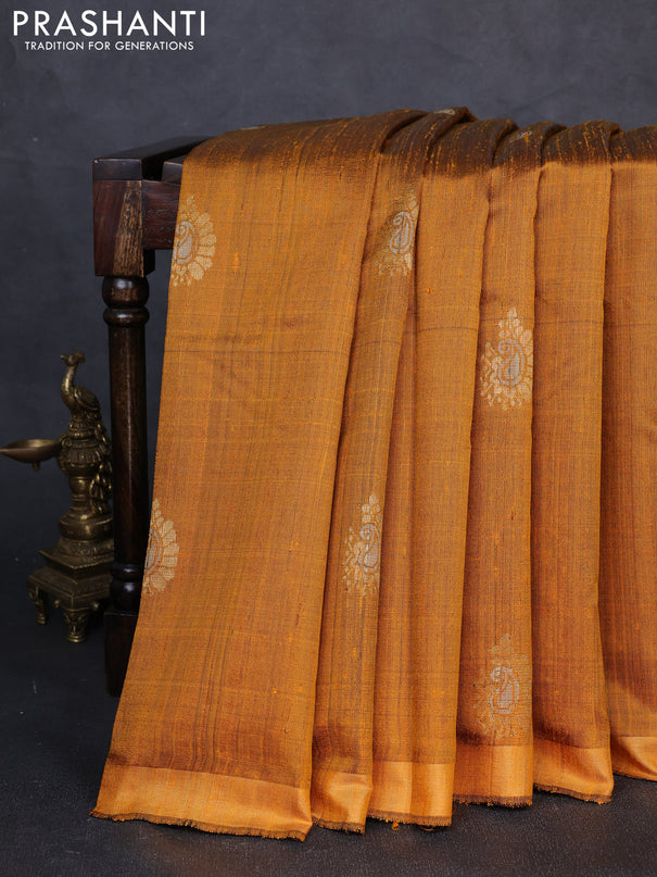 Pure dupion silk saree mustard yellow with thread & zari woven paisley buttas and zari woven border