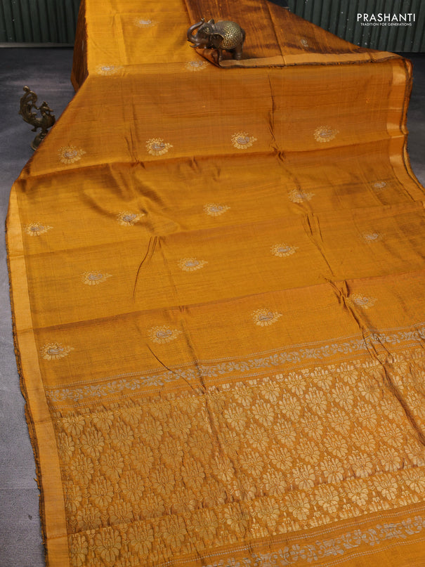 Pure dupion silk saree mustard yellow with thread & zari woven paisley buttas and zari woven border