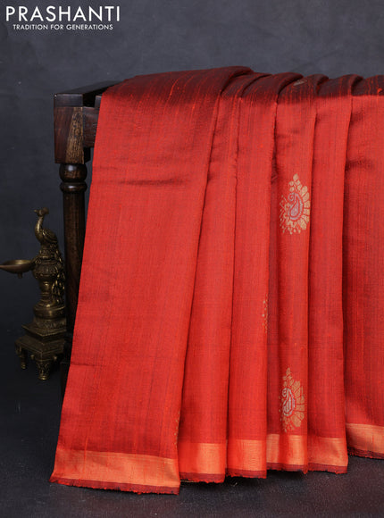 Pure dupion silk saree orange with thread & zari woven paisley buttas and zari woven border