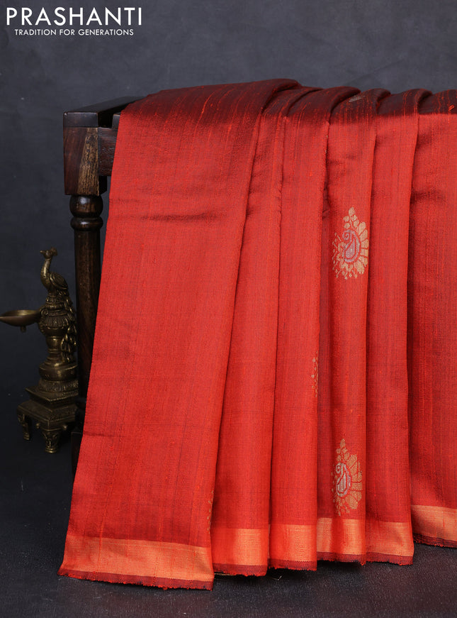 Pure dupion silk saree orange with thread & zari woven paisley buttas and zari woven border