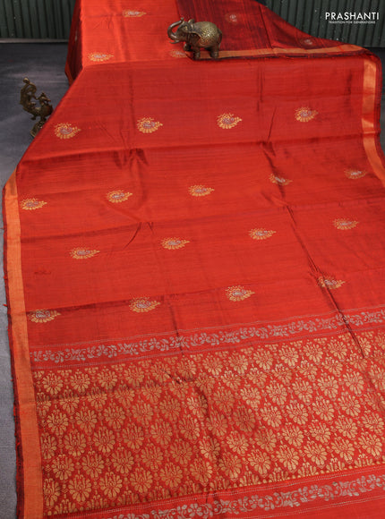 Pure dupion silk saree orange with thread & zari woven paisley buttas and zari woven border