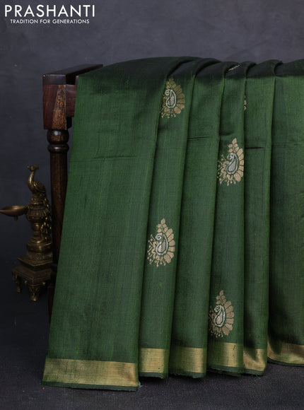 Pure dupion silk saree sap green with thread & zari woven paisley buttas and zari woven border
