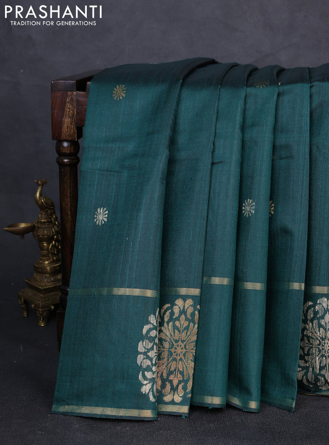 Pure dupion silk saree green with thread & zari woven buttas and woven butta border