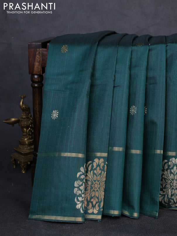 Pure dupion silk saree green with thread & zari woven buttas and woven butta border