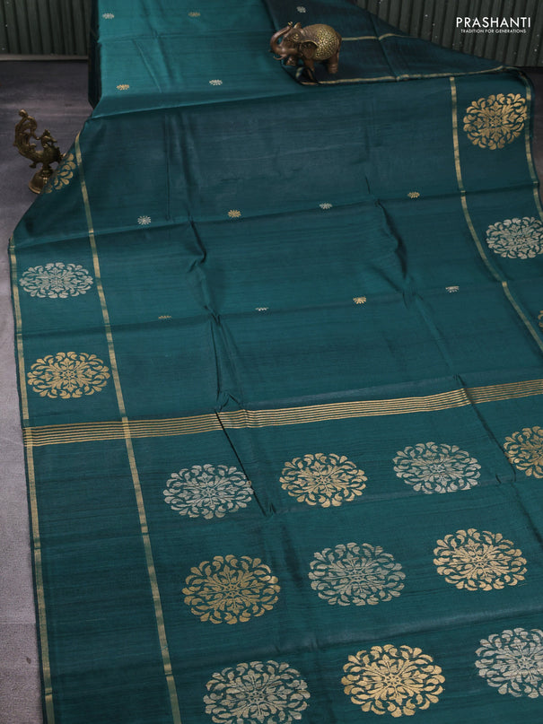 Pure dupion silk saree green with thread & zari woven buttas and woven butta border