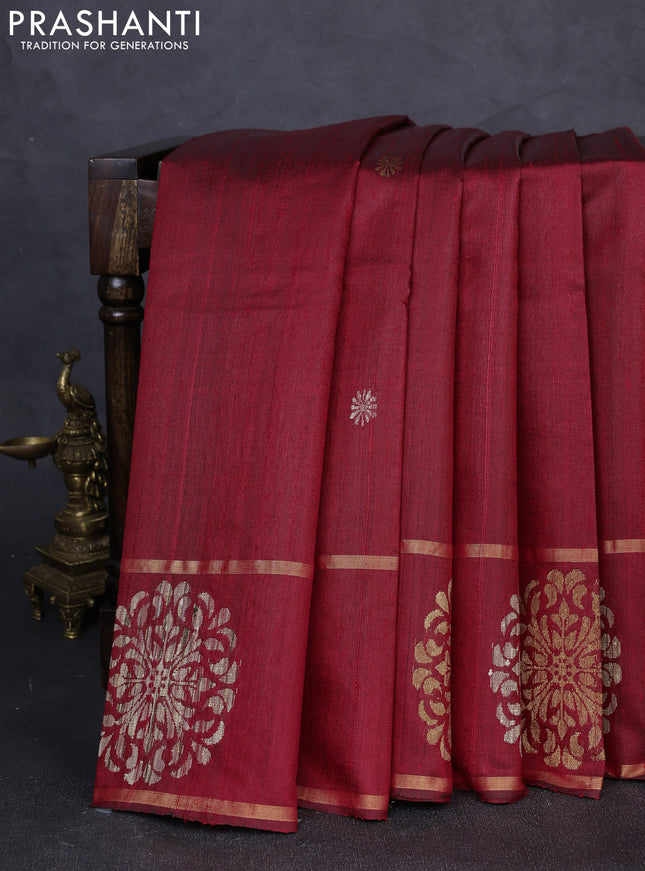 Pure dupion silk saree red with thread & zari woven buttas and woven butta border