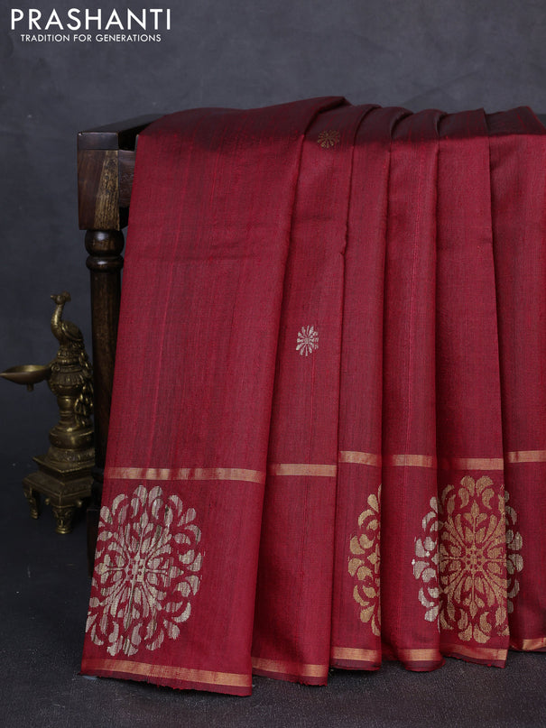 Pure dupion silk saree red with thread & zari woven buttas and woven butta border