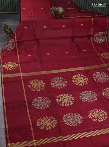 Pure dupion silk saree red with thread & zari woven buttas and woven butta border