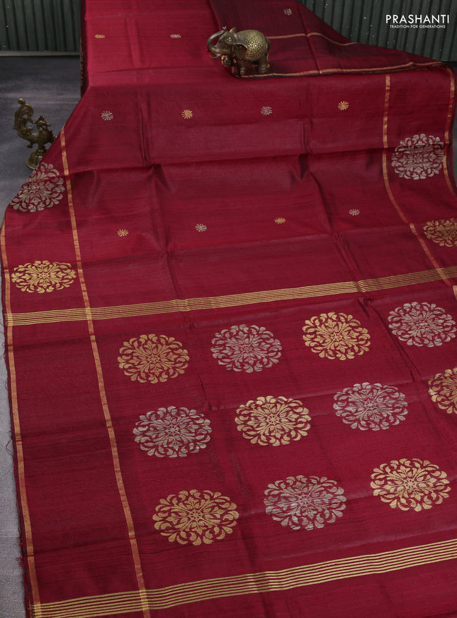 Pure dupion silk saree red with thread & zari woven buttas and woven butta border