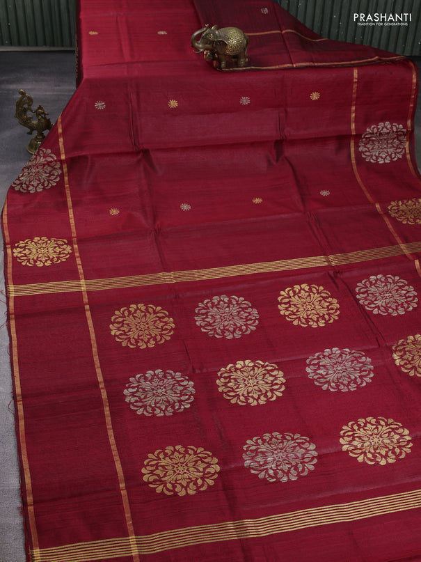 Pure dupion silk saree red with thread & zari woven buttas and woven butta border