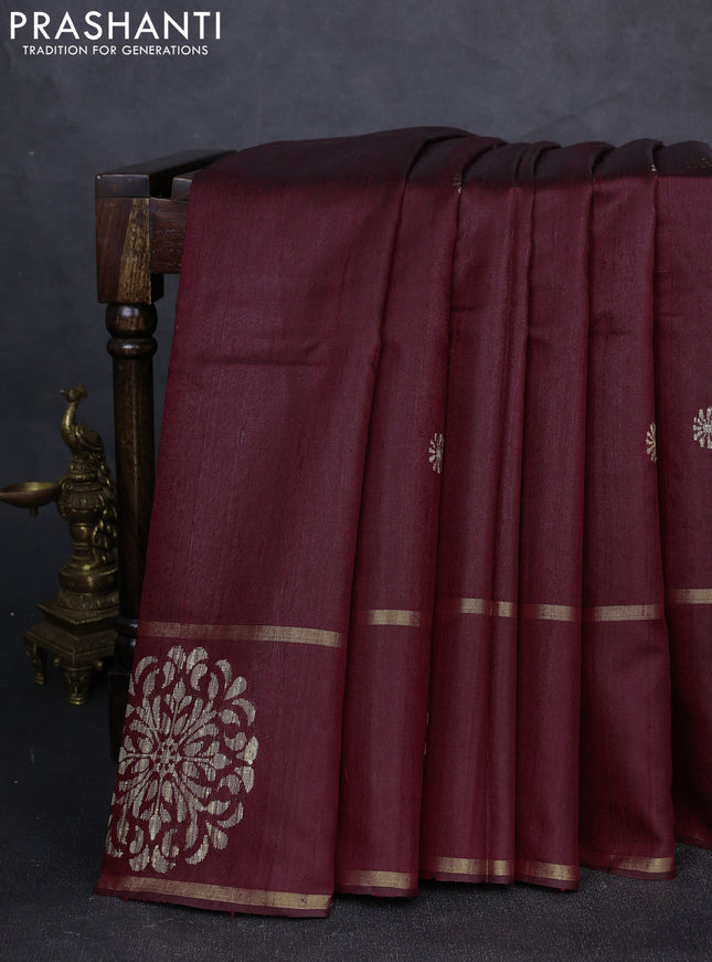 Pure dupion silk saree deep maroon with thread & zari woven buttas and woven butta border