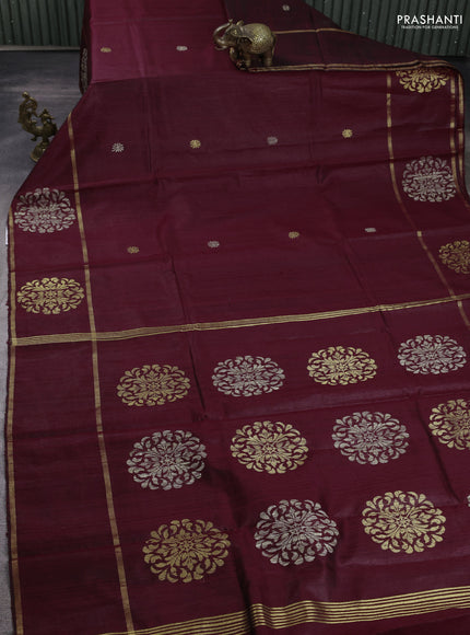 Pure dupion silk saree deep maroon with thread & zari woven buttas and woven butta border