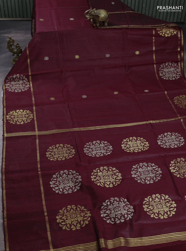 Pure dupion silk saree deep maroon with thread & zari woven buttas and woven butta border