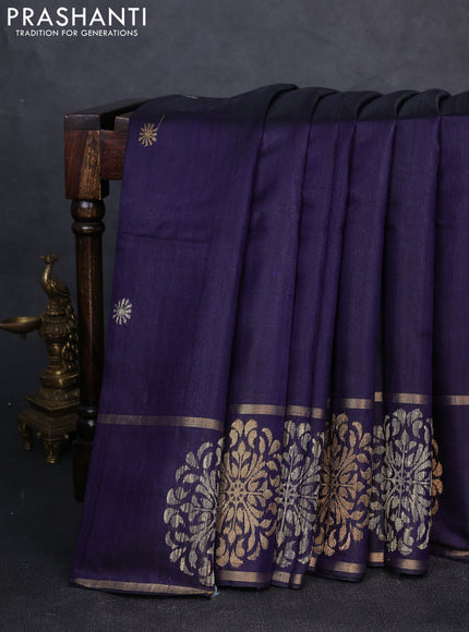 Pure dupion silk saree navy blue with thread & zari woven buttas and woven butta border