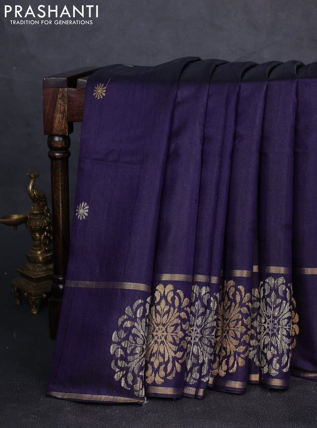 Pure dupion silk saree navy blue with thread & zari woven buttas and woven butta border